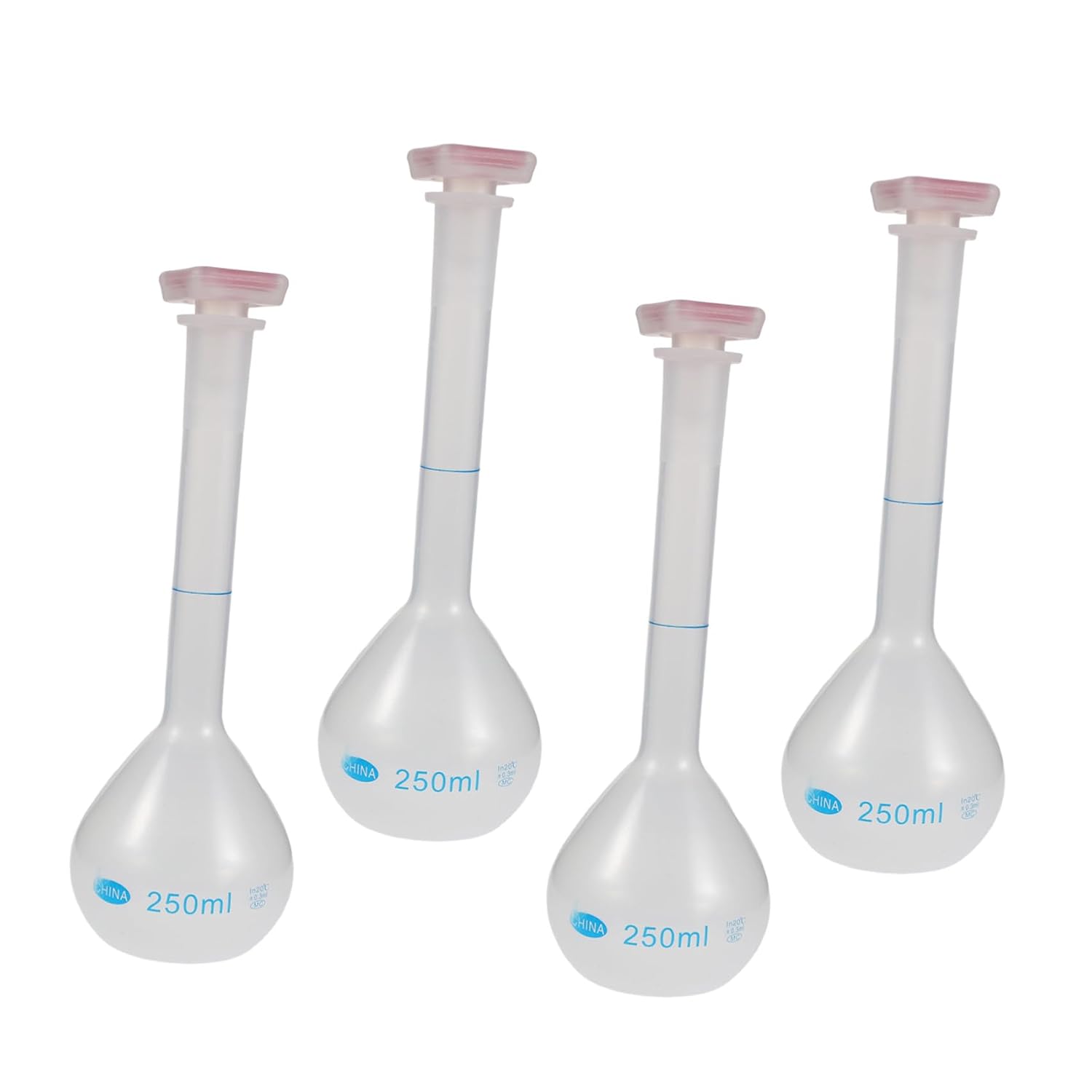 BESTYASH Plastic Volumetric Flask with Stopper, Calibrated Measuring Bottle for Accurate Measurement 4pcs 250ml Reusable Lab Volumetric Flask, for School and Industrial Applications