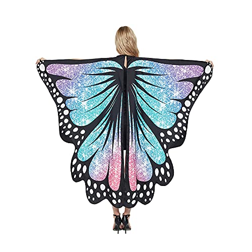 Cape Papillon Femme avec Dégradé de Couleur pour Halloween, Accessoire de Cosplay d'ailes de Papillon Chic Coloré de Fête de Danse Vacances Cosplay Bal Mascarades (violet vert rouge , Taille unique ) Cover