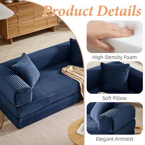 Image of 4-in-1 Convertible Folding Sleeper Sofa Bed, Fold Out Floor Sofa Couch with Fixed-Shape Frame, Cloud Corduroy Foldable Mattress Couch for Living Room Bedroom (78 inch Corduroy, Dark Blue)