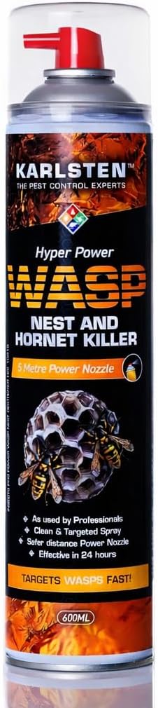 Karlsten Hyper Power Wasp Nest Killer & Hornet Killer 600 ML - Gold Standard High Strength Long Range 5 Metre Spray for Indoor and Outdoor Wasp Nest Removal - Wasp Killer Spray