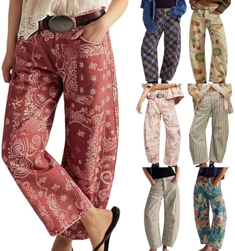 Women's Floral Print Barrel Jeans Y2K Mid Rise Baggy Boyfriend De...