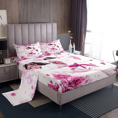 Manfei Taekwondo Fitted Sheet Set Full Size 4 Pcs,Pink Rose Flowers Teens Sheets,Girls Kungfu Sports Bedding Sets (1 Fitted,1 Flat,2 Pillowcases) Luxury Deep Pocket Bed Sheets