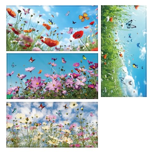 Image of 4pcs Fluorescent Light Covers for Ceiling Lights, 47x23.6 Inch Floral Magnetic Drop Ceiling Light Filters 4 Styles Flowers and Butterflies Fabric Overhead Lamp Cover for Classroom, Home, Office