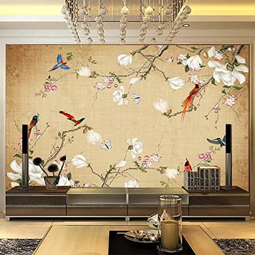 Papier peint 3D fleurs et oiseaux camouflez un mur blanc avec un décor panoramique 200x140