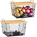 2 Set XXL Stackable Wire Basket with Bamboo Tops & Tag- Pantry Organizer and Storage Bins, Kitchen Counter Cabinet Shelf Countertop Under Sink Organizing, Food Snack Produce Onion Potato Bread Storage