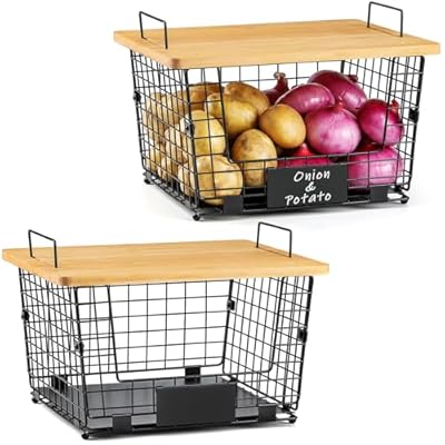 2 Set XXL Stackable Wire Basket with Bamboo Tops & Tag- Pantry Organizer and Storage Bins, Kitchen Counter Cabinet Shelf Countertop Under Sink Organizing, Food Snack Produce Onion Potato Bread Storage
