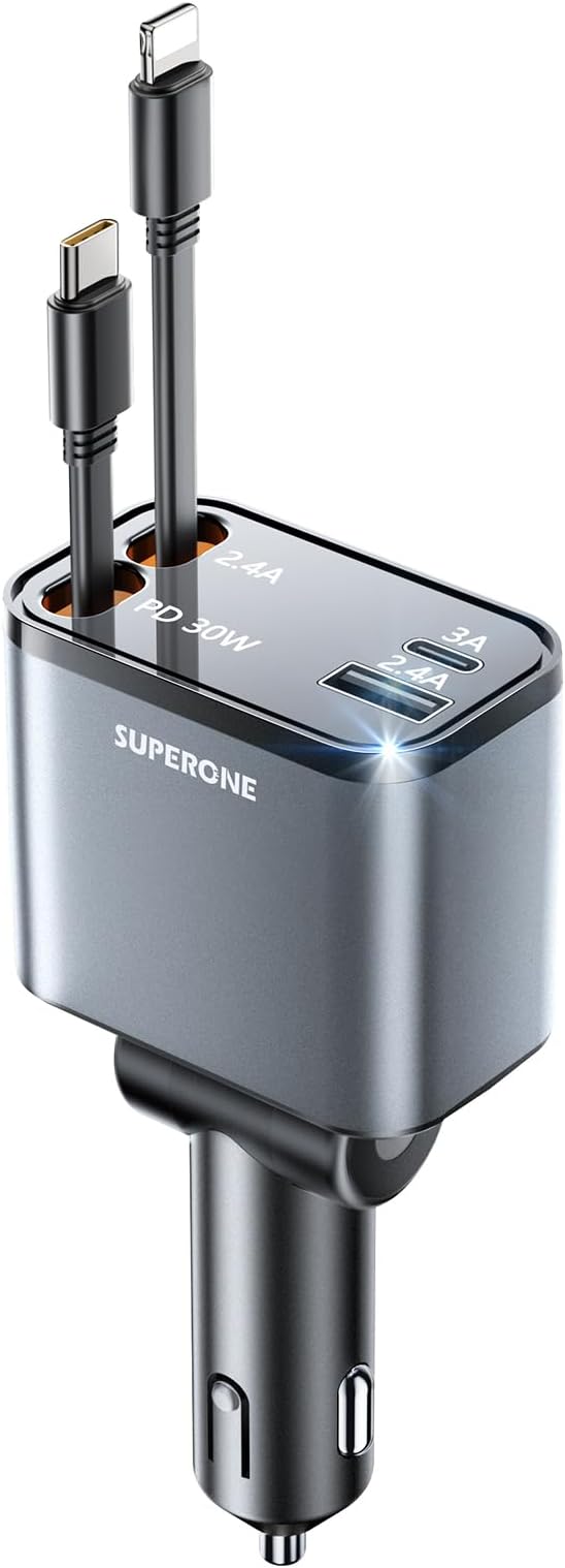 [Upgraded] 4 in 1 Retractable Car Charger, SUPERONE Smaller Fast Car Phone Charger 69W with Cord, USB C and iPhone Car Charger Adapter, Compatible iPhone 17/17 Pro Max/16/15/14/13/12/11, Sumsung