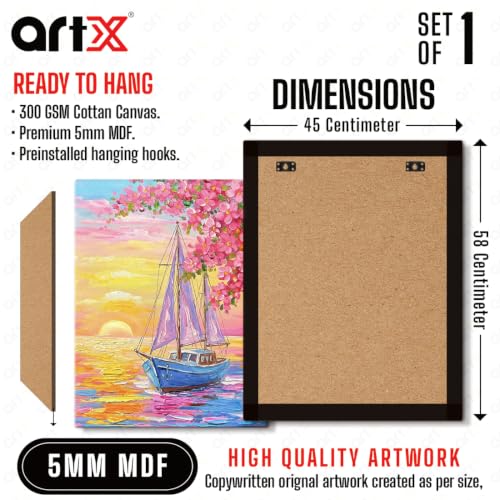 Image of ArtX Boat Canvas Painting for Vastu, Colorful Landscape Wall Art, Cherry Blossom Nature Canvas Painting, Gallery Wrapped Canvas for Living Room, Bedroom, Office Decor, 45 x 58 cm