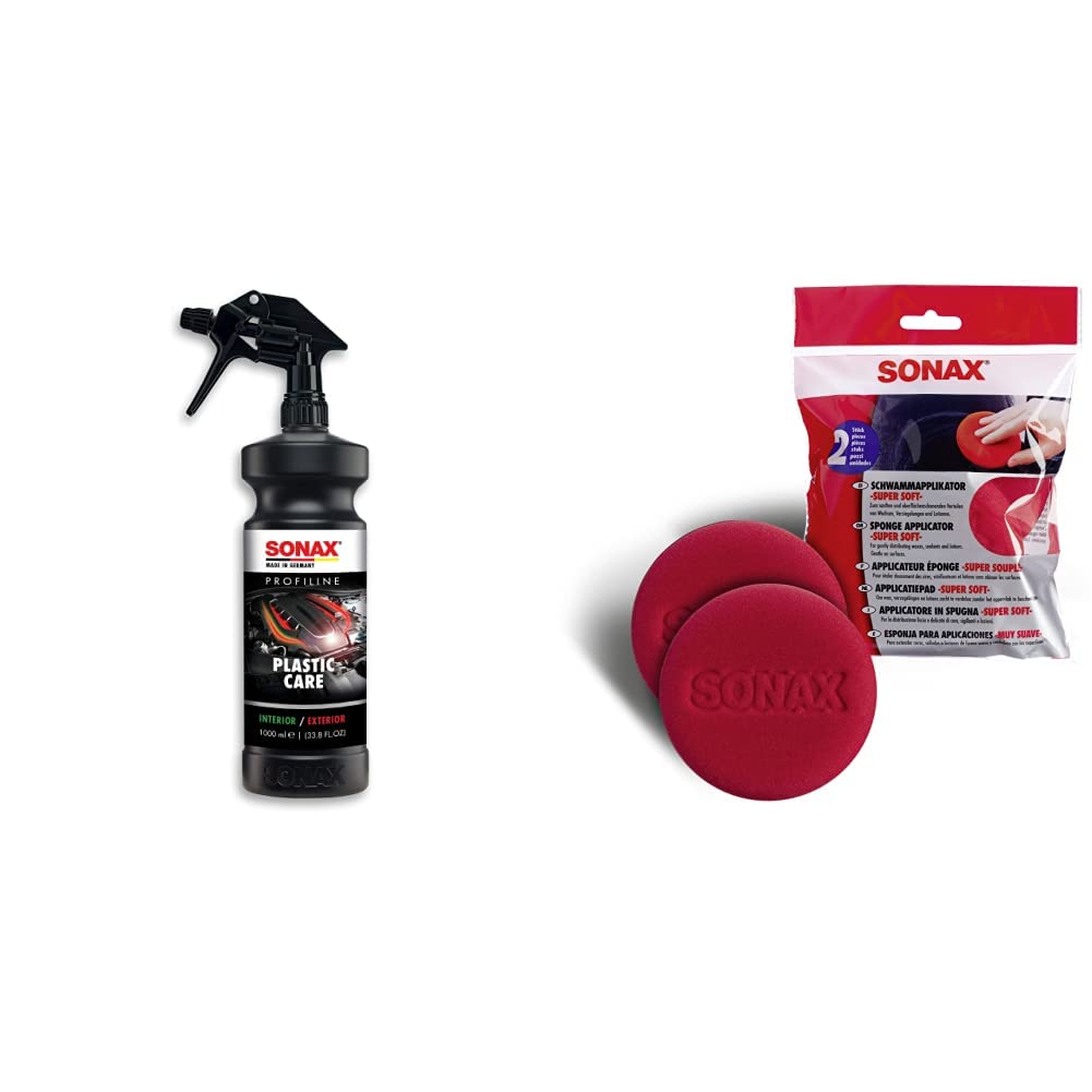 SONAX PROFILINE PlasticCare Ravviva e Protegge Superfici in Plastica, Anche per la Conservazione del Vano Motore & Applicatore in Spugna Super Soft per la Distribuzione Liscia e Delicata di Cere
