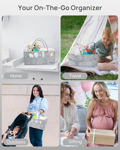 Image of Feagar Baby Diaper Caddy Organizer, 15 Inch Large with 8 Pockets & 2 Dividers, Portable Nursery Storage Basket & Car Organizer for Changing Table, Travel (Grey)