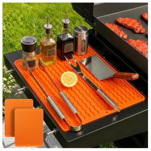 CAKETIME 2 Pack Silicone Grill Mats Compatible with Blackstone Griddle Flat Top Accessories,Dish Drying Mat for Kitchen Countertop Outdoor Camping Lawn Gadgets Father Dad Chef Men Gifts(Orange)
