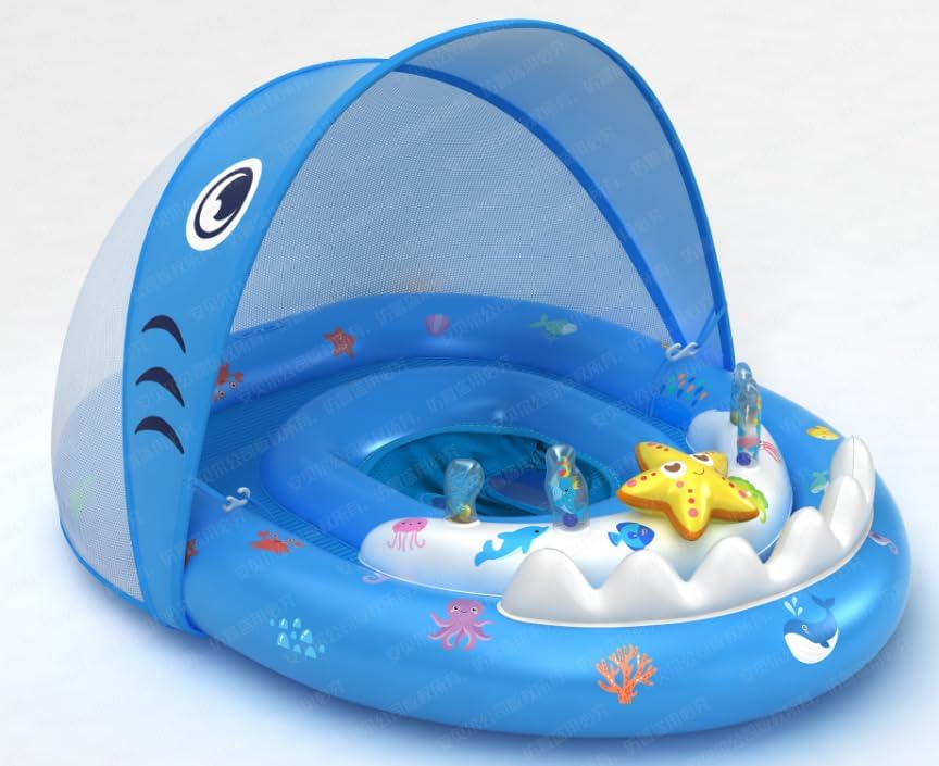 Baby Float with Canopy, Infant & Toddler Pool Float 6–36 Months, UPF 50+ Sun Protection, Shark Inflatable Baby Swim Float with Safety Seat and Ocean Animal Toys