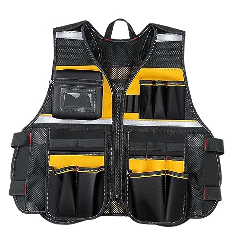 Tool Vest with Pockets Safety Work Vest Oxford Cloth Tool Pouch Breathable Universal Adjustable Heavy Duty Tool Vest for Unisex Electricians, Yellow
