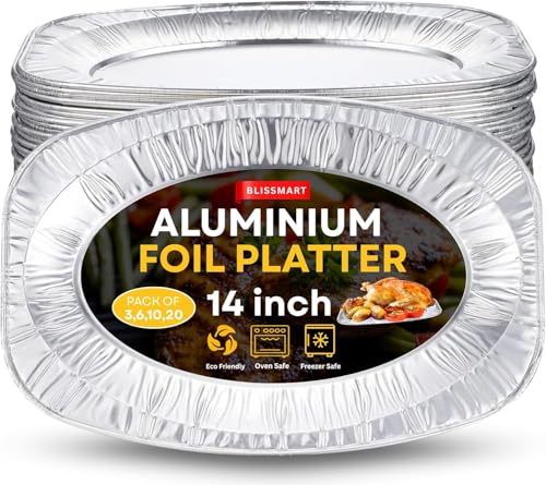 BLISSMART Foil Platters 10pk Large Aluminium Foil Platter Serving Party Trays Oven and Freezer Safe Reusable Serving Platter Set Recyclable Trays Multipack