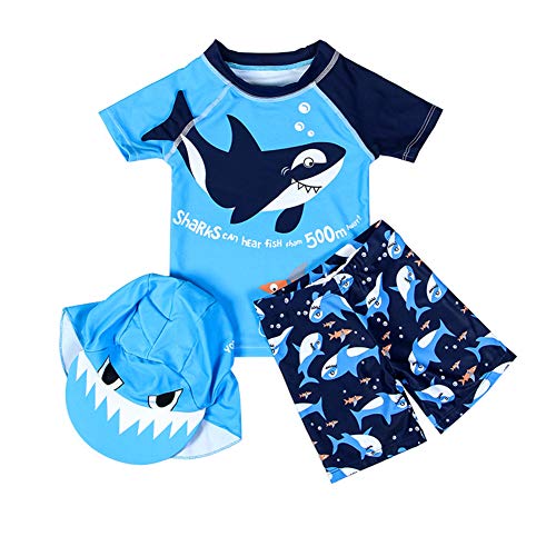 Baby Toddler Boys Shark Swimsuit Short Sleeve Two Piece Bathing Suit Rash Guards Set Sun Protective Swimwear with Hat UPF 50+ Blue L