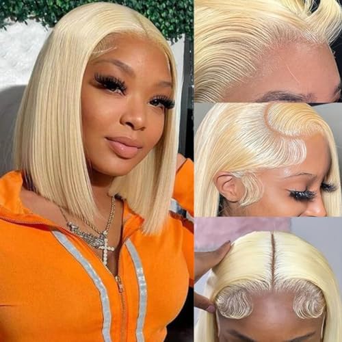 Hoscod Blonde Bob Wig Human Hair Straight 613 Bob Wig Human Hair 12 Inch 180 Density 613 Blonde Suitable for All Hair Types 13x4 HD Transparent Lace Wigs for Women Glueless Wigs with Baby Hair