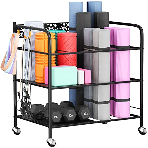 Home Gym Storage Rack Yoga Mat Holder, VOPEAK Workout Storage for Yoga Mat, Foam Roller, Gym Organizer Gym Equipment Storage for Home Exercise and Fitness Gear (Metal)