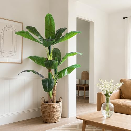 Image of 5ft Extra Tall Artificial Banana Tree, Fake Banana Leaf Plant with 12 Faux Banana Leaves, Perfect for Home Indoor Outdoor Patio Office Tropical Decor
