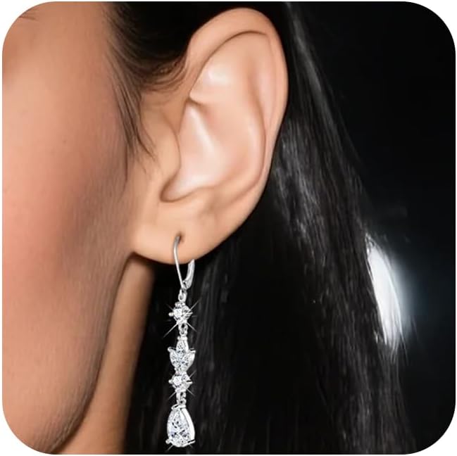 Sterling Silver Drop Earrings for Women Trendy Hypoallergenic Leverback Silver Dangle Earrings with Cubic Zirconia Charm Dangle Drop Earring Jewelry image 2 of 7 B0FHHL7MVJ