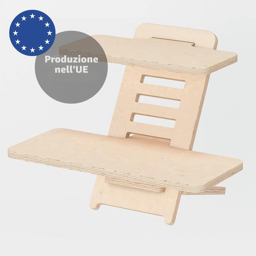 Supporto per Scrivania in Piedi, in Legno, per Computer Portatile e Tavolo da Pranzo - Altezza Regolabile, Prodotto in UE (Naturale)