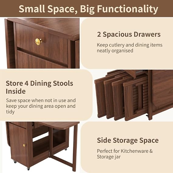 Space Saving Folding Drop Leaf Dining Table with Storage, Walnut 59