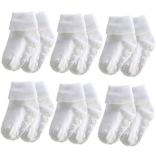 Xiyadun 6 Pairs Infant Toddler Ankle Cotton Baby Socks Anti Slip For Boys Girls(White- With Non Slip Bottom,12-24 Months )