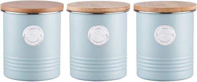 Typhoon Living Airtight Tea, Coffee and Sugar Storage Canister with Bamboo Lid, Set of 3, 1 Litre, Blue