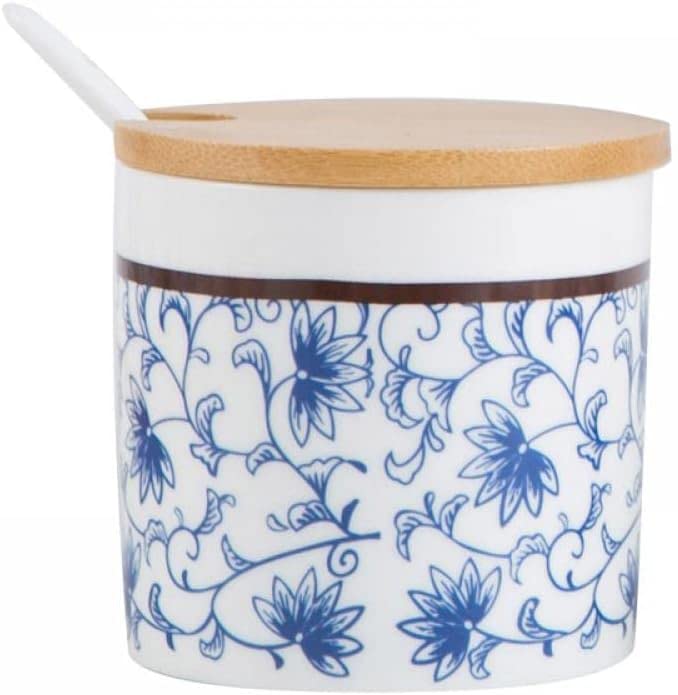 ciotola di zucchero di ceramica, Zuccheriera in ceramica retrò barattolo portaoggetti blu e bianco con coperchio in legno e cucchiaio