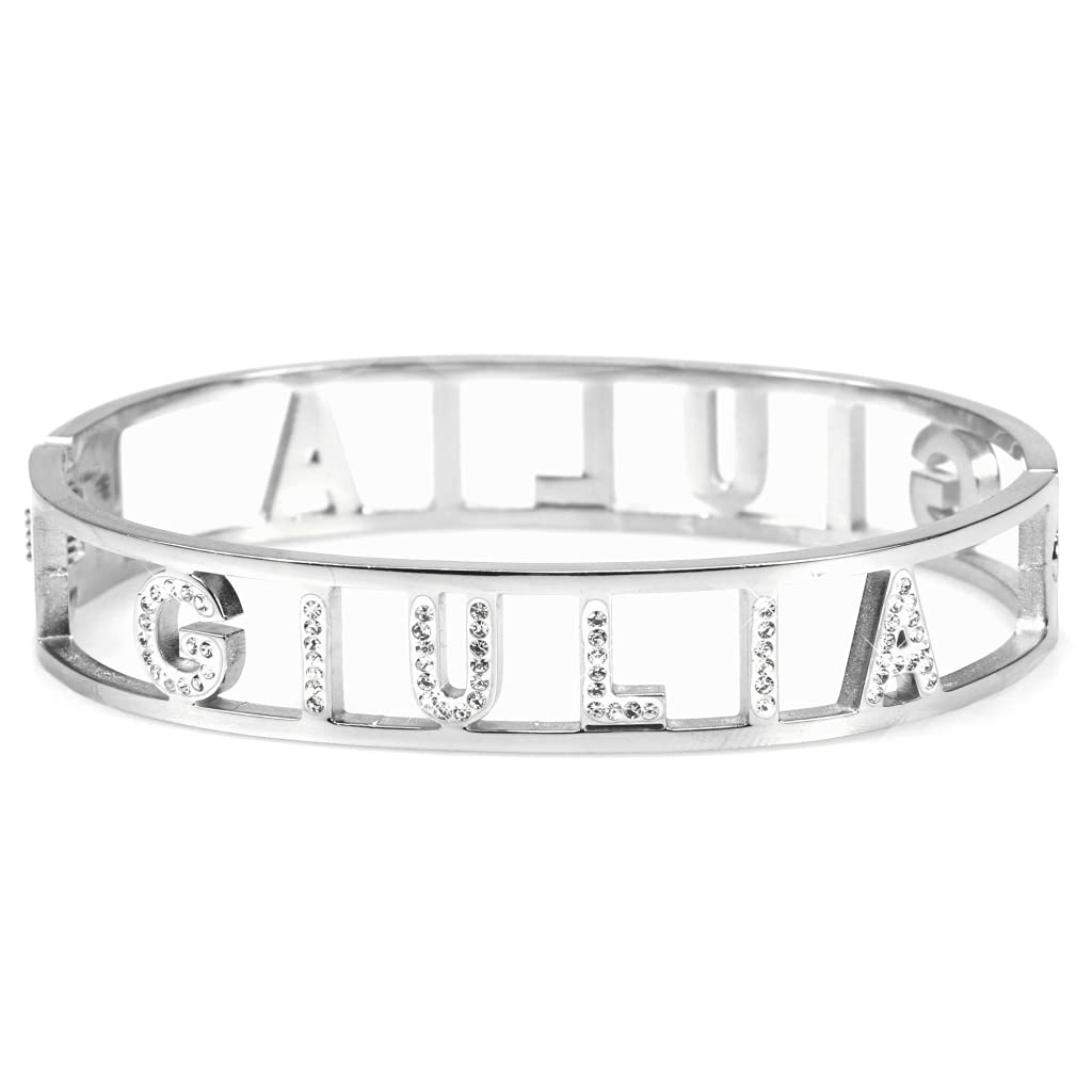Flowers Bracciale Rigido Acciaio con Nome Vari e Zirconcini Sacchettino in Tessuto Scritta Nome ricoperta di Strass Brillantissimi Bracciale a Manetta Donna Chiusura a Molla Idea Regalo