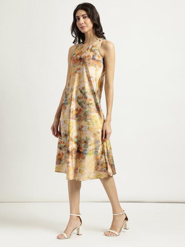Image of FableStreet Women Party Dress | Elegant A-Line Fit Midi Length V-Neck Sleeveless | Lustrous Satin Fabric for Evening Gatherings & Celebrations