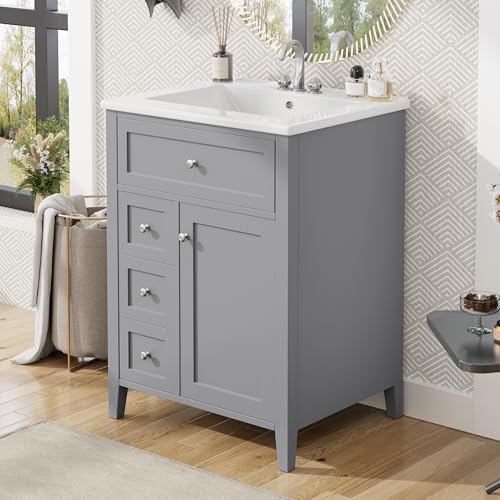 Image of Favfurish 24 inch Modern Bathroom Vanity with Ceramic Sink, Rubberwood Frame Freestanding Storage Cabinet w /3 Drawers & Tilt-Out Drawer, Adjustable Shelf, Heavy-Duty 150 lb Capacity for Small Space, Grey