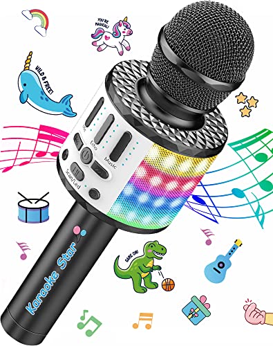 Micrófono Inalámbricos Karaoke, Microfono Niños Bluetooth Portátil con Altavoz y Luces LED, para KTV Canta Partido Musica, Compatible con Android/iOS PC, AUX o Teléfono Inteligente