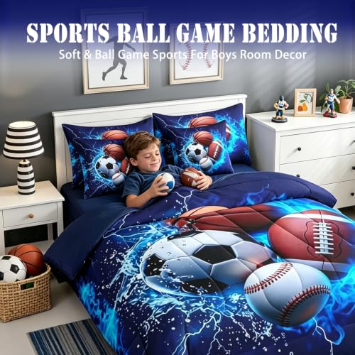 Image of Feelyou Boys Sports Comforter Set King Size 7 Pieces Football Baseball Soccer Bedding Set for Kids Boys Basketball Bed in a Bag with Comforter,Sheet,Pillow Cover Ball Game Sports Room Decor Quilted