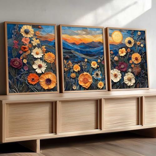 Image of kotart Abstract Floral Art Framed Painting | Big Aesthetic Flowers Vastu Framed Paintings for Living Room Bedroom Wall Decor Set Of 3 (13X17 inch)