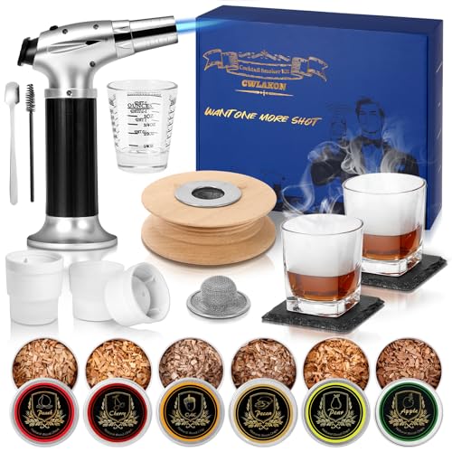 CWLAKON Kit de Fumador de Cóctel con Antorcha, Kit de Fumador de Bebidas de Whisky con 6 Chips de Madera, Bourbon Old Fashioned Drink Smoker, Regalos de Cumpleaños de Navidad para Hombres(Sin Butano)