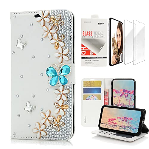 STENES Bling Wallet Case Compatible with OnePlus 7 Pro - Stylish - 3D Handmade Butterfly Flowers Floral Design Leather Case with Wrist Strap & Screen Protector [2 Pack] - Blue