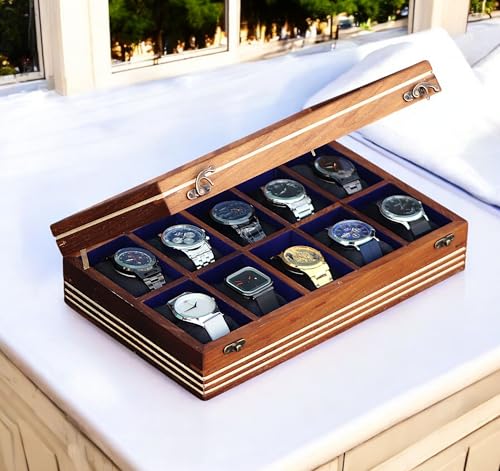 Image of Watch box for women & men, Wooden organizer, Handmade Holder For Men, Custom Valet Box with Brass Lock, Christmas, Anniversary, Valentine;s Day, Father's Day (brown 10 slots)