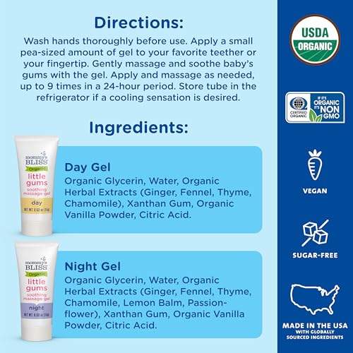mommy39s bliss organic little gums soothing massage gel day and night combo great for teething babies age 2 months sugar free mild amp sweet flavor 2 - 053 oz tubes pack of 1