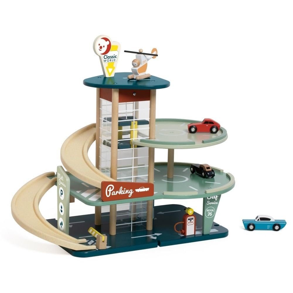 Classic World Parkgarage 3-stöckig aus FSC-Holz & Bio-Kunststoff, Retro-Parkhaus mit Aufzug, Tankstelle, Autos & Hubschrauber, Spielgarage ab 3 Jahren