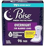Poise Overnight Incontinence & Postpartum Pads for Bladder Leaks, 8 Drop Extra Coverage, 96 Count, Packaging May Vary