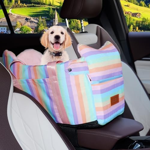 Cullaby Console Dog Seat | Anti-Collapse Armrest Booster for Small Dogs & Puppies - Secure Travel Carrier with Safety Clip-in Tether & Washable Cozy Cushion Pad - Up to 15 lbs