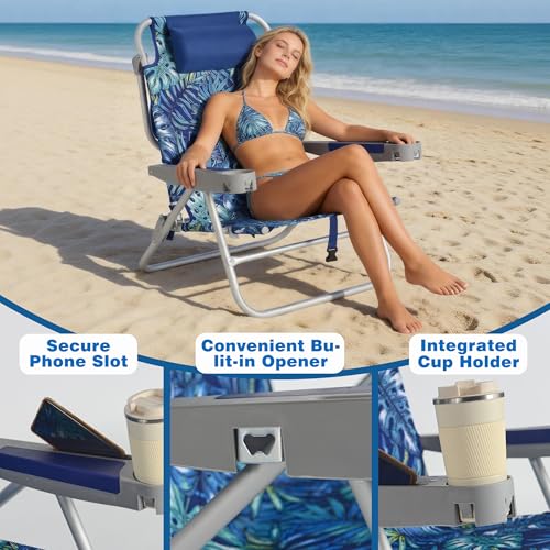 Image of SUNNYFEEL Extra Wide Low Beach Chair 2 Pack 5 Position Lay, XL Oversized Portable Folding Camping Chairs with Cup Holder for Outdoor /Sand, Foldable Backpack Beach Chair for Adults Heavy Duty 500 LBS
