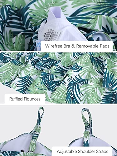 ECUPPER Women's Plus Size Tankini Sets Two Piece Floral Printed Swimsuits Ruffle Swimming Costume with Boyshorts Pastel Green 5XL - Image 3