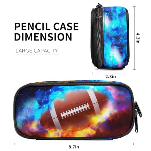Image of Rugby American Football Pencil Case for Sports Boys Girls, Large Capacity Black Pen Bag with Water and Fire Pattern, Pencil Pouch with Zipper Compartments, Organizer for School Office Business