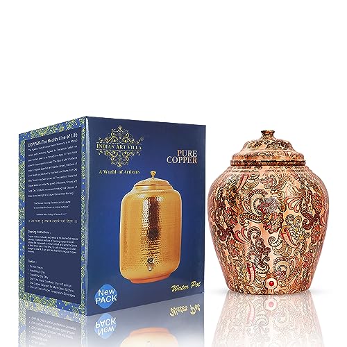 Image of Indian Art Villa Printed Design Copper Water Dispenser Pot Matka, Stoarage, Home Garden, 10 LTR, Light Peach
