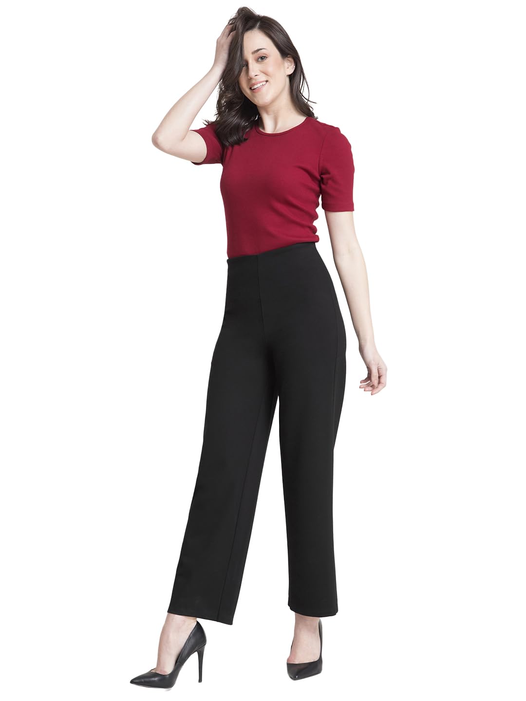 FableStreet Women’s Black 4 Way Stretch Livin Trousers | Wide-Leg Design with High-Rise Waist | Solid Pattern & Plain Weave Fabric | Office Wear & Business Meetings