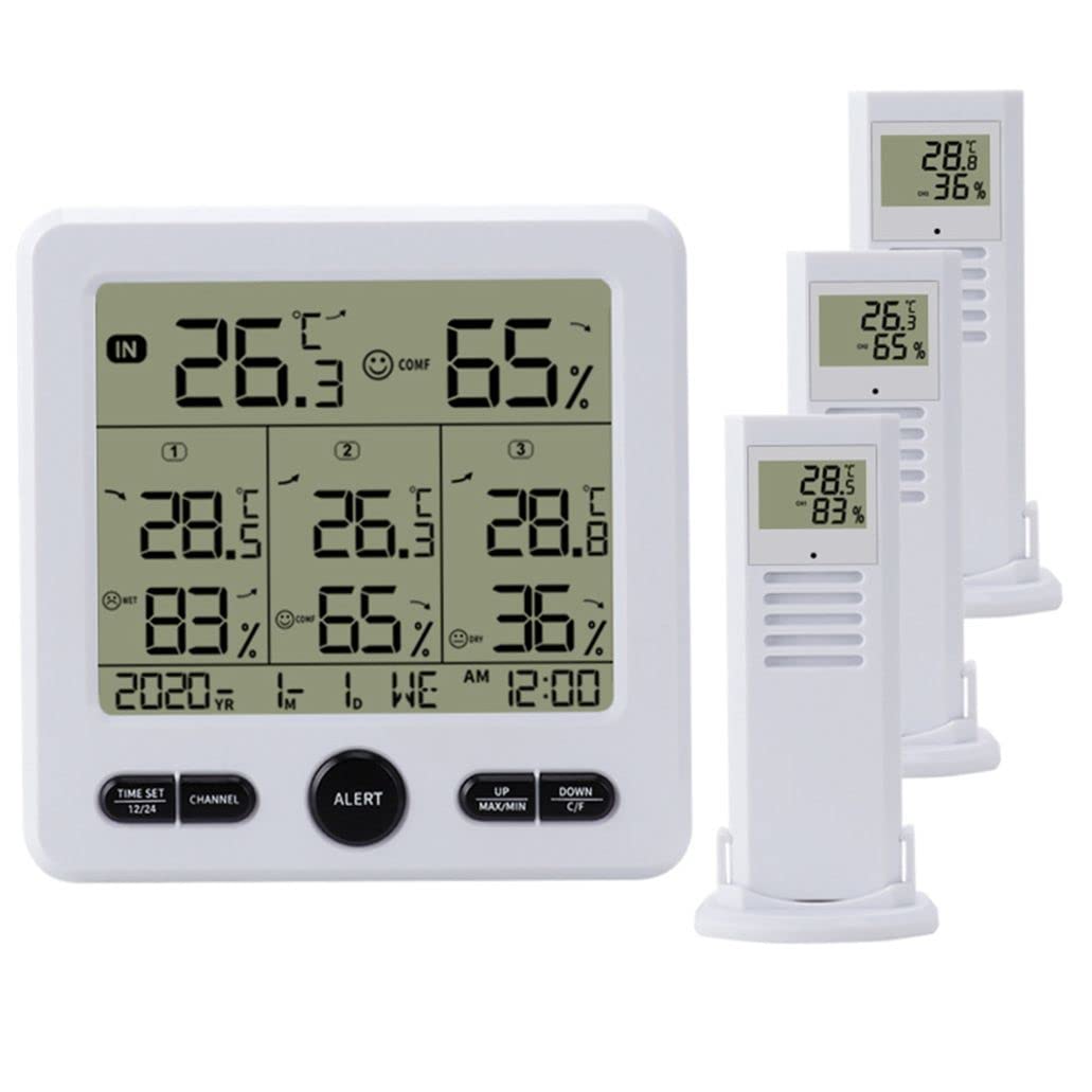 Indoor Outdoor Thermometer with 3 Sensors, Wireless Digital Hygrometer, Temperature and Humidity Monitor with Touchscreen LCD Backlight for Home, Office, Bedroom, Garden (White, 4 pcs)