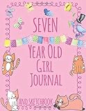 Seven Year Old Girl Journal and Sketchbook: Cute Journal and Sketchbook for 7 Year Old Girls with Cats and Butterflies; 7 Year Old Girl Birthday Gift