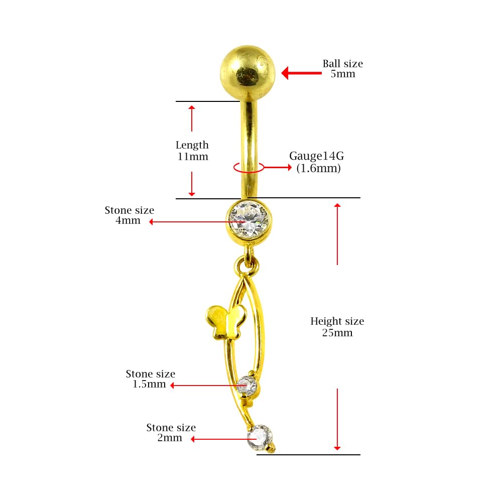 Monster Piercing Piercing para Ombligo de Oro Amarillo Macizo de 14 Quilates con Piedra circonita cúbica Transparente en Rama, Calibre 14, joyería