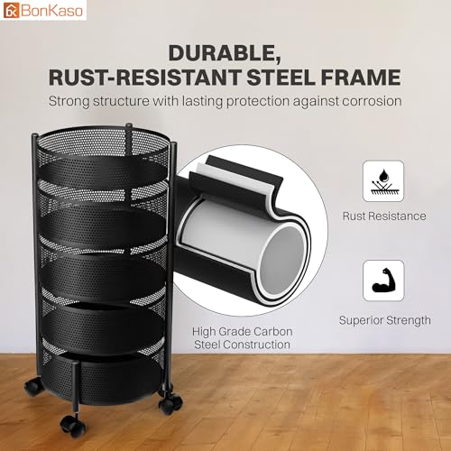 Image of BonKaso 5-Layer Round Multipurpose Kitchen Trolley with Swivel Storage Basket & 360 Rotating Wheels, Black Steel Frame, Easy Mobility, Space-Saving and Durable